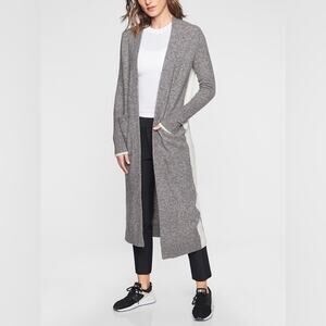 Athleta Transit Merino Wool Blend Duster Cardigan Wrap Sweater Gray/White M Cozy